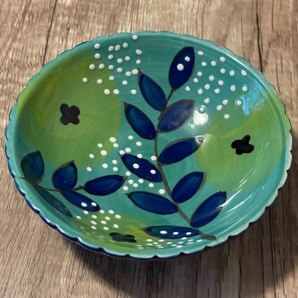 Kait Kelsey Clayworks Anthropologie Leaf Floral Dot Blue Green Trinket Dish